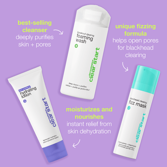 skin soothing hydrating lotion, blackhead clearing fizz mask, breakout clearing foaming wash