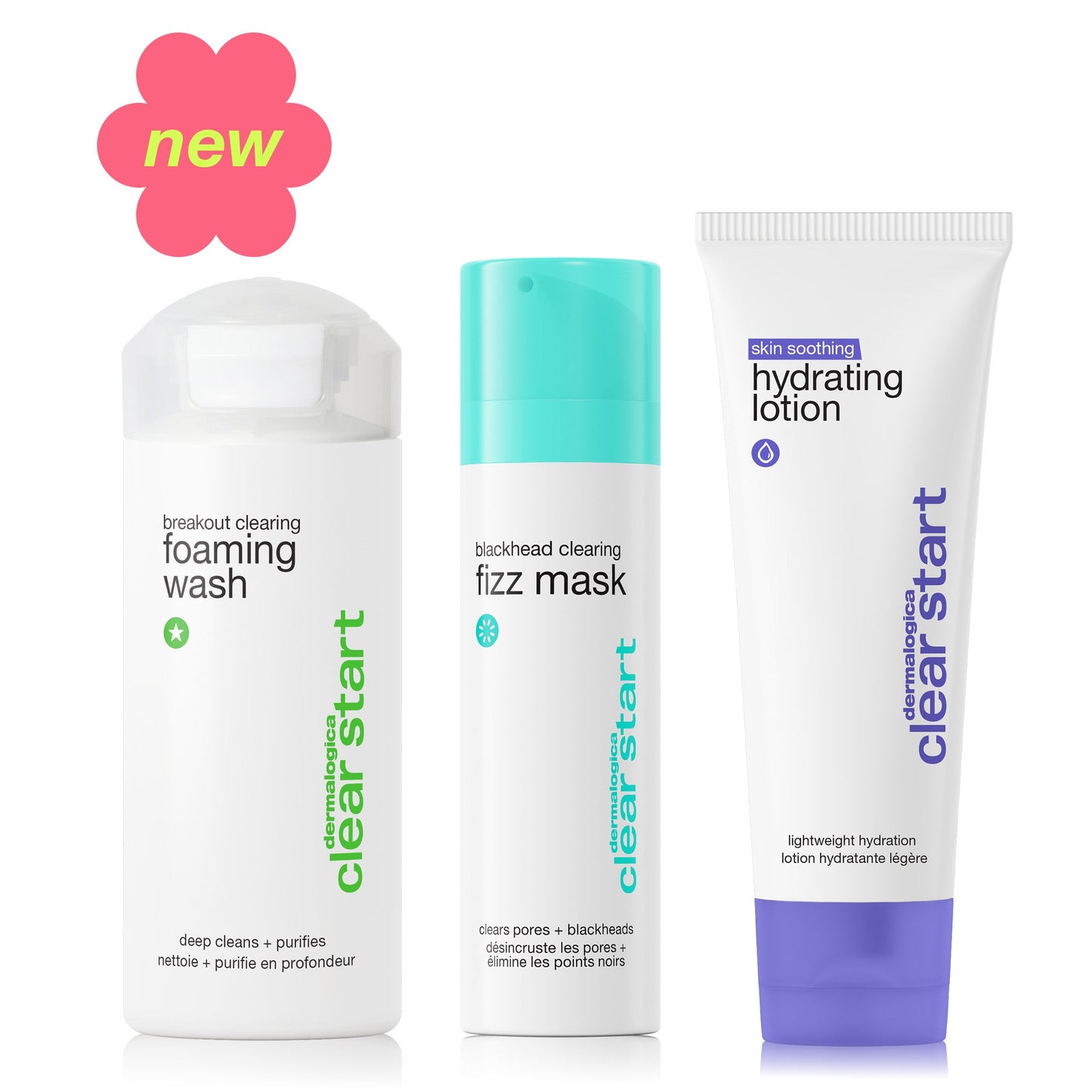 skin soothing hydrating lotion, blackhead clearing fizz mask, breakout clearing foaming wash 